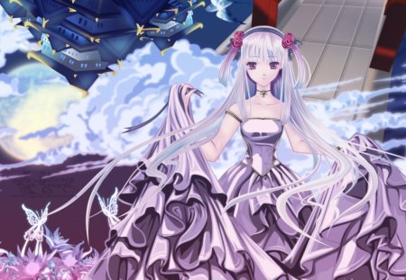 In Between The Realms - beauty, female, hot, anime girl, sliver hair, cloud, cool, castle, hair flowers, cute, jewelry, sexy, bird, butterfly, twin tails, in between the realms, smile, sunrise, flower, dress