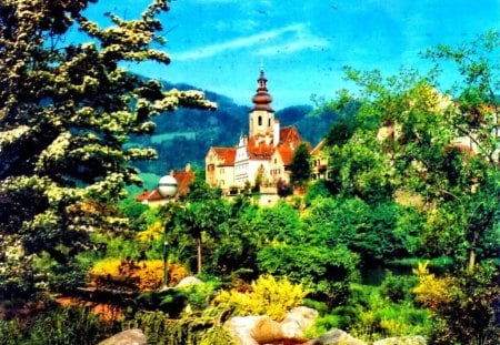 Castle among trees - summer, greenery, beautiful, stones, blue sky, tower, sky, nice, clouds, lovely, castle, trees, nature, mountain, green