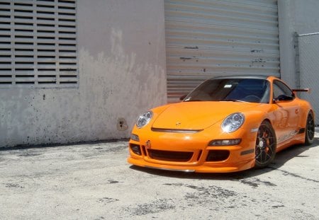 Porsche 997 gt3 rs - gt3 pc, porsche, shutters, orange, wheels, railing, gt3 rs, 997, wall, building