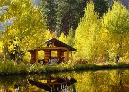 Gazebo along the riverbank - branches, autumn, riverbank, mirrored, gazebo, nature, yellow, reflection, river, golden