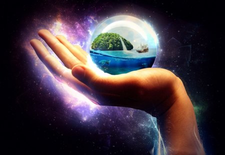 WELCOME TO MY WORLD! - ball, the hand, sphere, turtle, island, boat, ocean, art