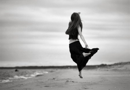 BRAND NEW DAY - woman, seaside, black and white, summer, beautiful, happiness, sea, relax, happy