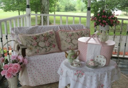 Pretty Picnic on the Porch - porch, roses, picnic, tea, basket, lovely, home, girly, charming