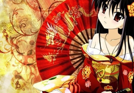 Anime - anime, kimono, girl, red