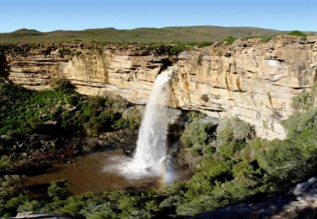 Waterfall - bluff, water, trees, rocks