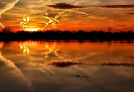 Super Sunset - reflections, lake, trees, orange