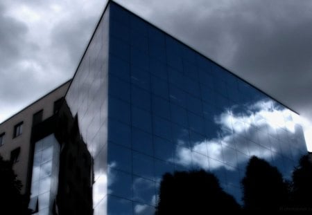 Blue Sky Reflected - stone, sky, building, glass, warsaw, poland, widescreen, cloud, blue, architecture