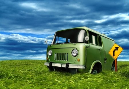 van in field - car, grass, field, vand, sky