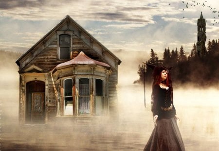 The Haunting - fog, building, house, lady