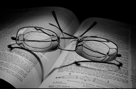 Tired - black and white, abstract, book, glasses