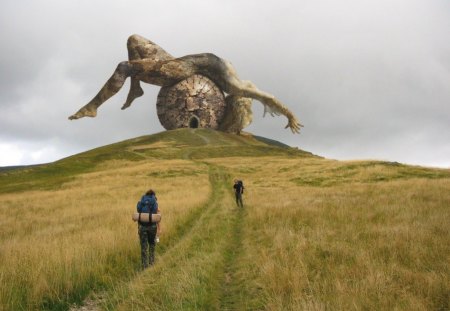 Gone Hiking - field, hikers, sculpture