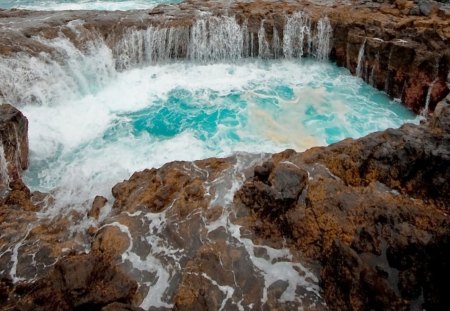 Blue Hideaway - water, waterfall, falls, rock, ocean