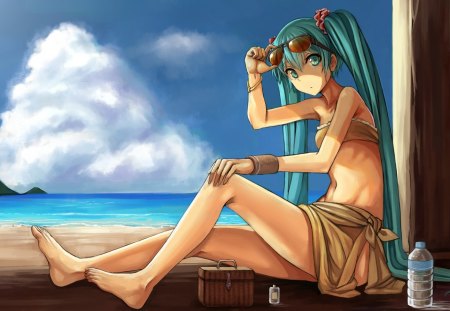 Hatsune Miku - aqua, hot, thigh highs, glasses, water battle, swimsuit, sun, music, thighhighs, anime girl, sunglasses, white, amazing, art, cool, aqua eyes, artistic, hatsune miku, sexy, song, stunning, vocaloids, program, vocaloid, beautiful, beach house, diva, sea, beauty, nice, sky, beach, water, twintail, singer, blue sky, aqua hair, black, virtual, summer house, pretty, clouds, idol, white clouds, anime, house, miku, cute, twin tail, sand, ocean, girl, summer, cg, hatsune, bikini, blue, island, awesome, digital