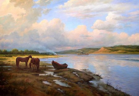 Eugene Makeev. After the Rain - river, eugene makeev, animal, field, horse