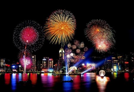 Fireworks Over Hong Kong - water, vivid, photography, city, stunning, lights, bright, hong kong, fireworks