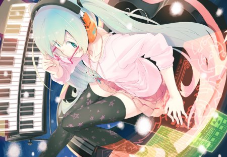 Hatsune Miku - headset, music, anime girl, stockings, white, piano, art, amazing, cool, aqua eyes, artistic, hatsune miku, skirt, leggings, song, stunning, jacket, vocaloids, program, glow, vocaloid, beautiful, diva, beauty, nice, twintail, singer, aqua hair, black, virtual, pretty, idol, anime, miku, cute, twin tail, girl, cg, hatsune, microphone, headphones, blue, awesome, coat, digital, lights