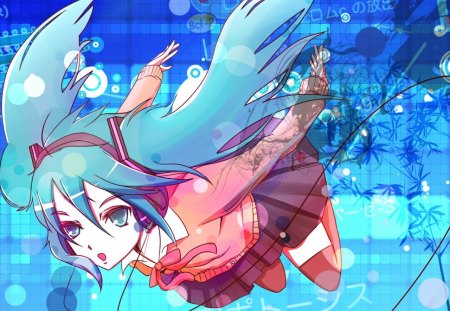 from the sky - abstract, anime, girl, love, dream, fantasy, miku, fly, jump