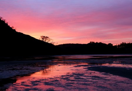 Reflection - clouds, trees, silhouette, reflection, silhouettes, sunset, purple, lake, sky