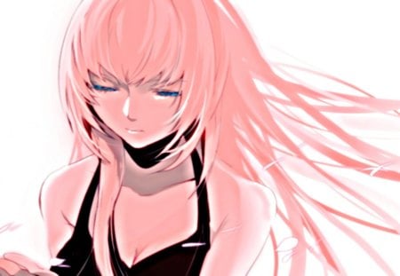 teary eyes - black blouse, pink hair, anime, close eyes, long hair