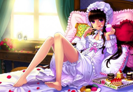 Briska - anime, bed, cookies, girl, cute, rose petals, sunshine, briska