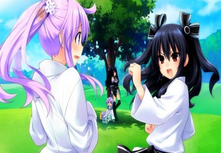 Best Friends!!! :) - anime, sweet, red eyes, girls, nature, black hair, cute, friends, purple hair