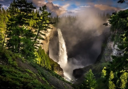 Waterfall - sky, trees, landscape, hills, cliff, pine, water, waterfalls, mountains, waterfall, view, river, clouds, grass