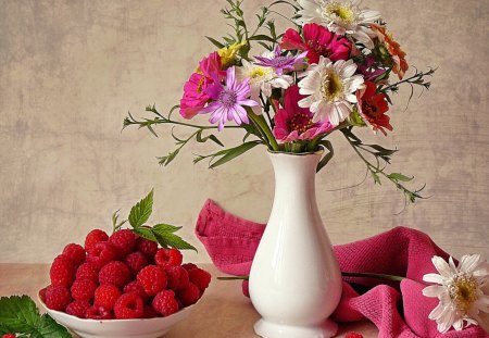 Fruit & flowers - popular, photography, wallpaper, raspberries, still life, fruit, vase, abstract, pretty, flowers