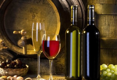 Enjoy A Glass Of Wine - grapes, wine, barrel, bottle