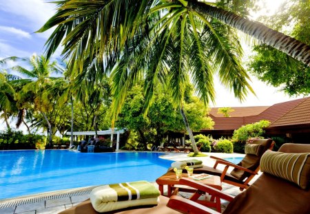 MALDIVES RESORT - beach, sky, trees, paradise, chairs, hotel, vacation, clouds, house, resort, palm trees, maldives, palms, summer, luxury, island, pool