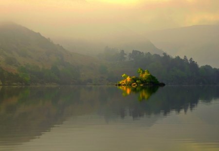 LITTLE ISLAND in MIST - lake, trees, hills, mist, quiet, surface, the island, reflection, fog