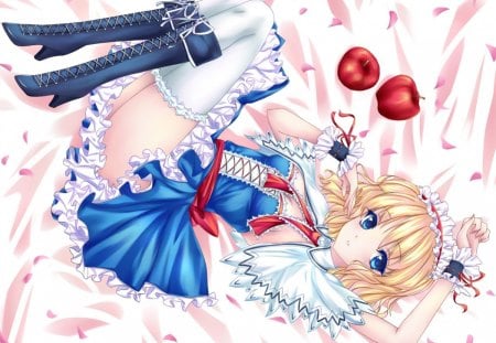 Alice Margatroid - wrist cuffs, boots, food, dress, lying, hairband, white legwear, short hair, touhou, fruit, sash, capelet, blue eyes, alice margatroid, hot, thighhighs, blush, blonde hair, cool, petals, smile, apple, sexy