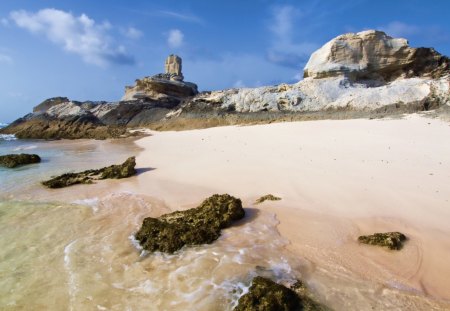 rocky point on a beach - beach, point, rocks, clouds