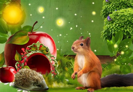 Forest of Wonder - whimsical, squirrel, trees, hedgehog, light, magical, summer, fantasy, spring, glow, story book, forest, fairy tale, grass, apple, lights