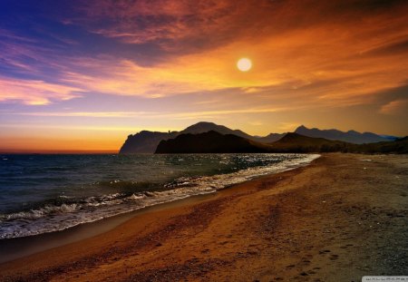 crimea beach - beach, sun, cliffs, clouds