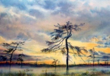 Kazmina Tatiana. - kazmina tatiana, nature, painting, art, tree, sunset