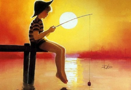 By Donald Zolan - boy, sunset, painting, fish, art, donald zolan