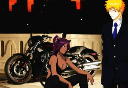 couple by the city - wallpapers, anime, couple, motercycle