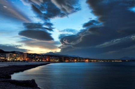 Rethymno - beaches, sky, rethymno, night, water, greece, nature, clouds, beautiful, city, architecture, sea, crete, lights