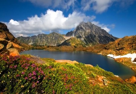 Mountain lake - clouds, mountainscape, water, summer, beautiful, lovely, mountain, flowers, shore, nature, lake, nice, sky