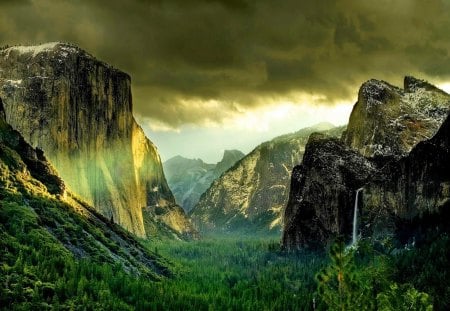 Mountain waterfall - summer, high, amazing, light, mountain, gorgeous, mist, sky, clouds, falling, water, peaks, fall, slopes, glow, nature, waterfall, rays, green