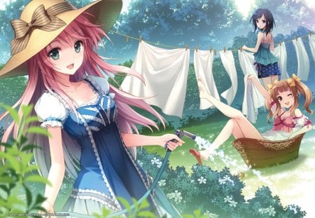 Garden Party! - anime, hats, grass, clothing