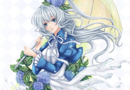 Anime - anime, white, blue, girl, long hair, flower