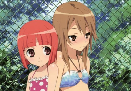 Ookami and Ringo - anime, fence, 2girls, bathing suit