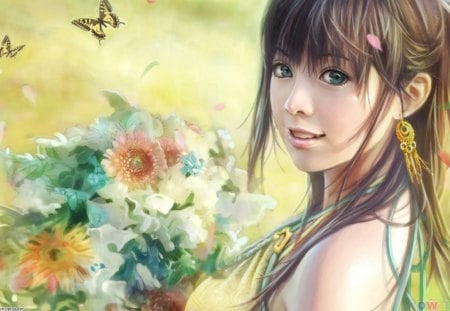 spring green - girl, bunch of flowers, smiling, painting, green eyes, butterfly, beautiful, flowers, cute