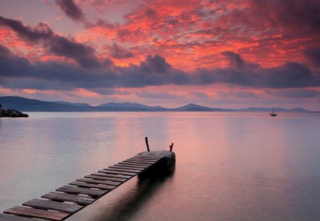 quiet sunset - clouds, dock, sunset, sea, boat