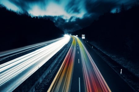 rainbow highway - speed, highway, dusk, lights