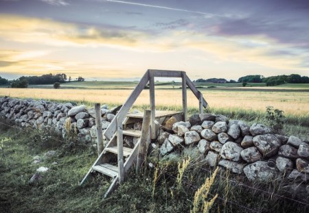 stairway to serenity - stairs, stone wall, sky, fields