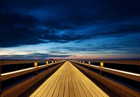 beautiful wood pier - pier, dusk, clouds, wood