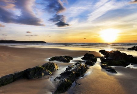 great sunset - beach, rocks, sunset, clouds