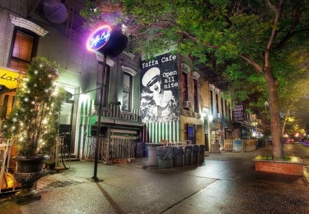 yaffa cafe in greenwich village nyc - street, lights, tree, cafe, night